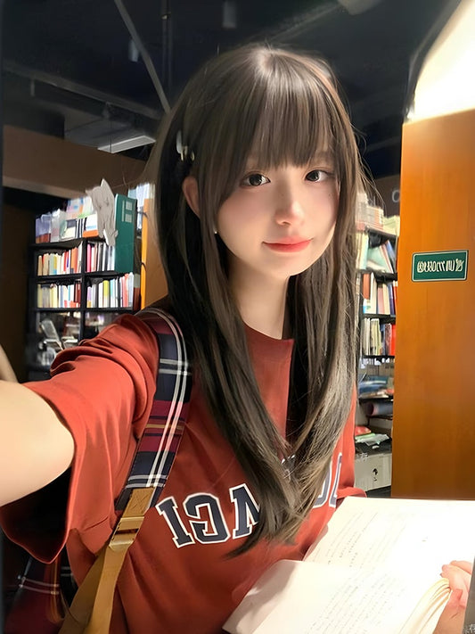 with Wig Bangs Brown Straight 55CM Tea/Light Black