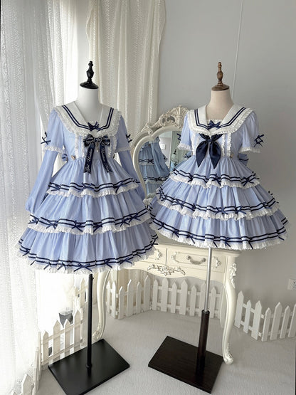 Sailor Striped OP Set Rock Sommer Full Lolita Muster Kleid Blau Tiered