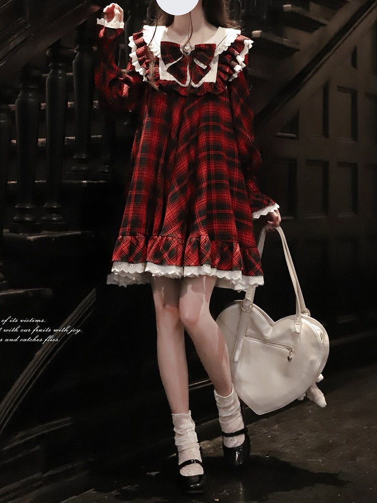 Black Silhouette Sleeves Doll Dress: A-Line Tiered Flutter with Plaid Red