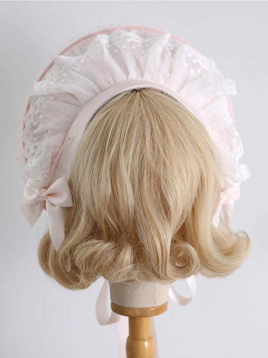 Bonnet Lolita Sweet Details Clips Pink With Lace Beaded Orange Decorated Trim Bowknot