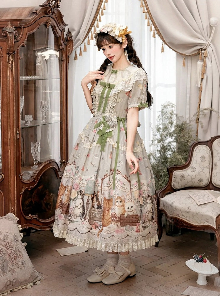 Green Cat Print Round Neck Sweet Lolita Dress with Lace Trim - NyaNya
