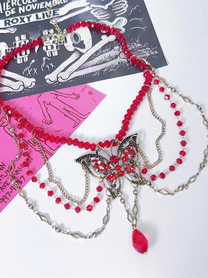 Gothic Red Bead and Butterfly Details Necklace