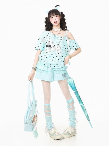 Blue Asymmetric Tee with Star Print & Puppy Patch - Languid Park