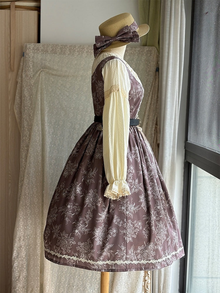Brown & Beige Rosette Print Long-sleeved Elegant Classic Lolita Dress