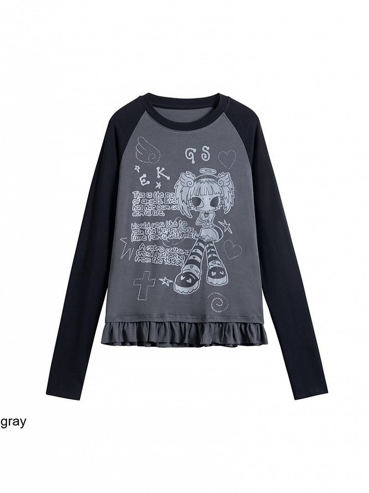 Colorblock Round Neck Long Sleeve Ruffle Hem Top with Cartoon Print - Solkatt