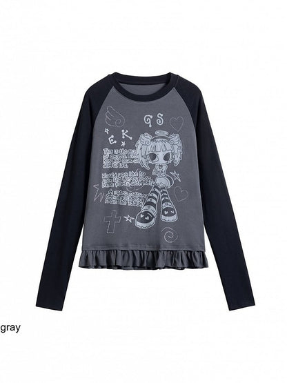 Colorblock Round Neck Long Sleeve Ruffle Hem Top with Cartoon Print - Solkatt
