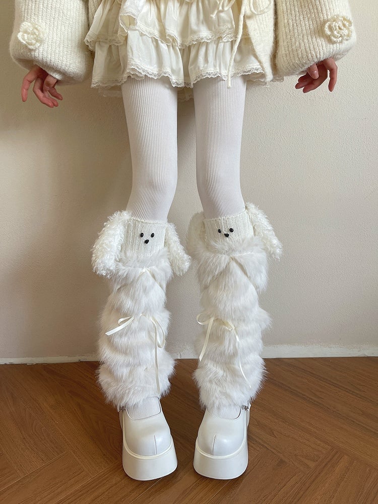 Leg Fur Bow Satin White Faux Accents Warmers with