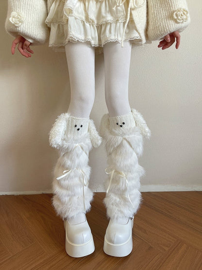 Leg Fur Bow Satin White Faux Accents Warmers with
