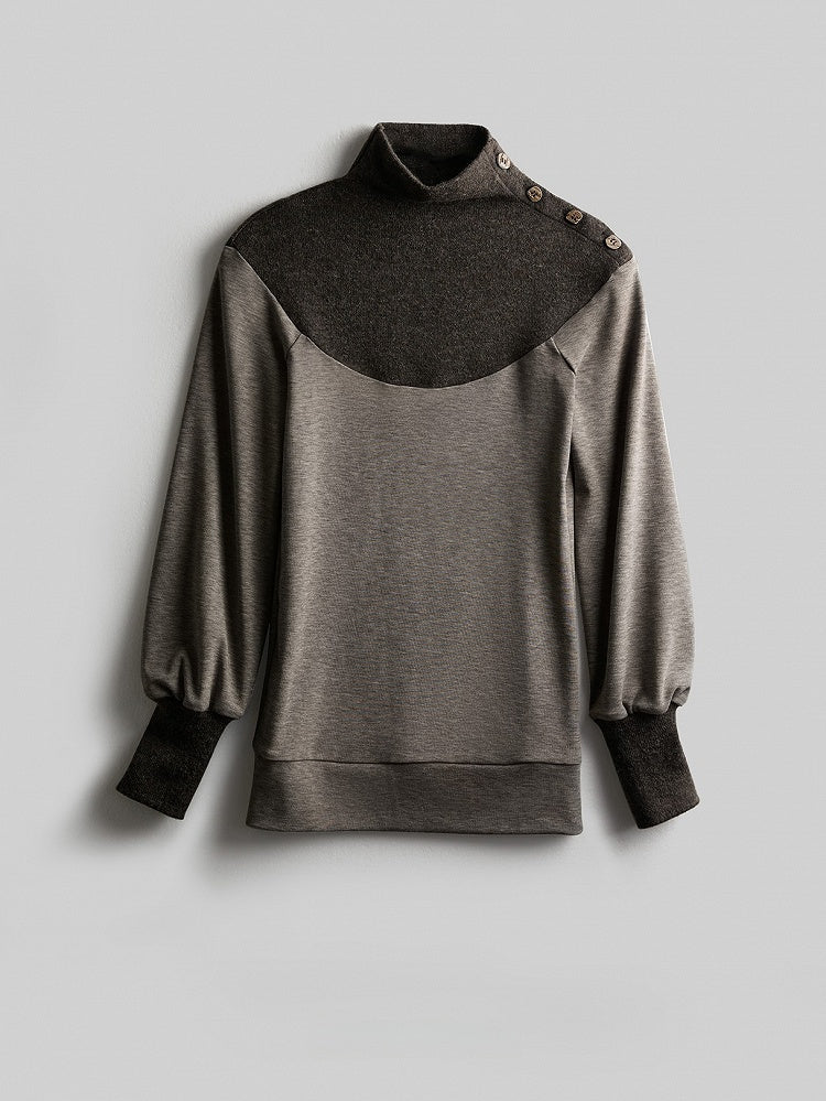 Long-Sleeve Goth with Top Button Design Gray Color-Block Brown Details Urban