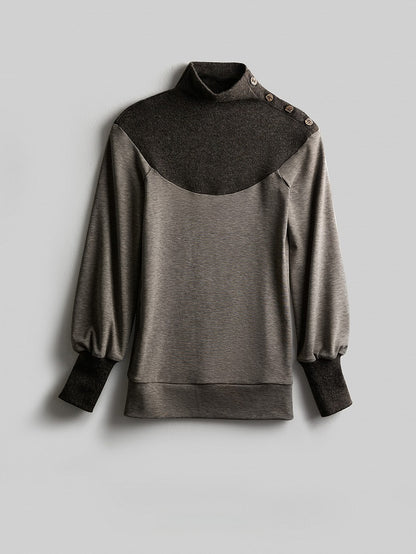Long-Sleeve Goth with Top Button Design Gray Color-Block Brown Details Urban
