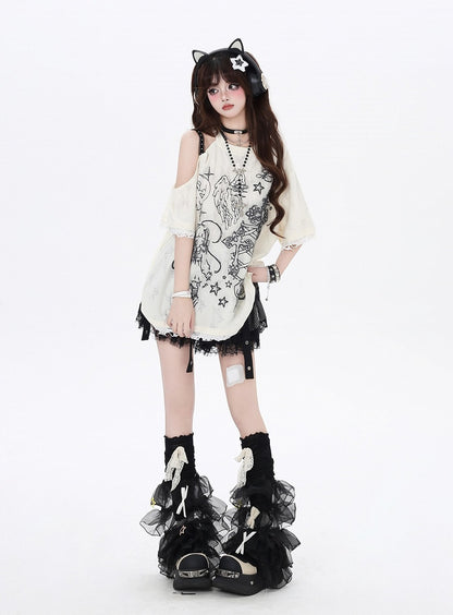 ブラック/ベージュ カットアウトショルダー グラフィティ ビタースイート Tシャツ エンジェルラッキー