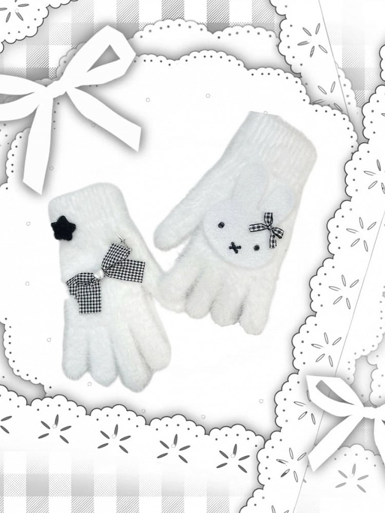 Cute and Miffy Gloves Pattern Plush Star Black/White with
