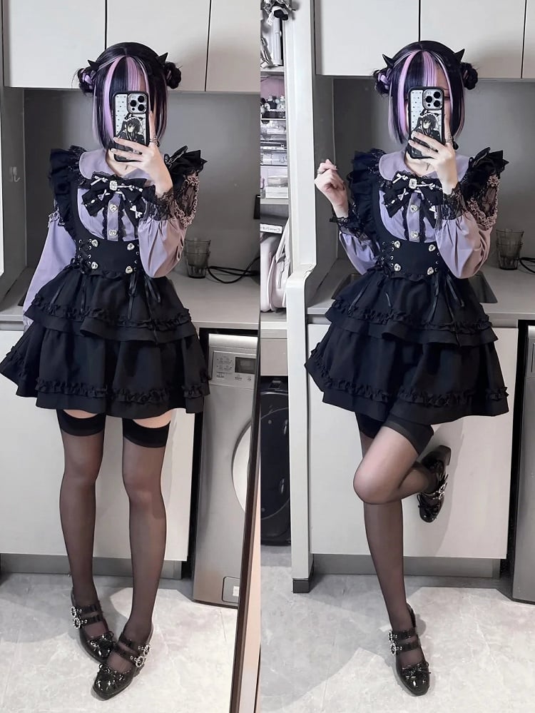 Jirai Kei Two-Piece Set: Purple Blouse with Heart Rhinestone Buttons & Black High-Waist Tiered Suspender Skirt