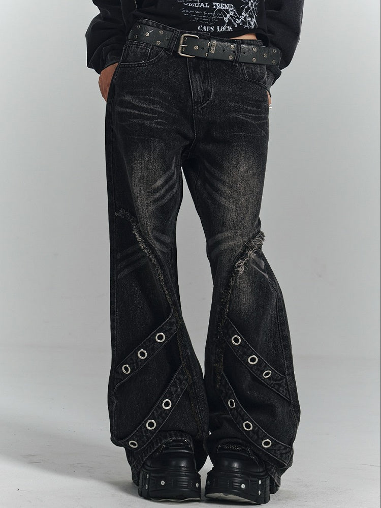 Punk Strips Denim Faded with Jeans Diagonal Raw Black Hem Wash Metal Eyelet