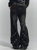 Punk Strips Denim Faded with Jeans Diagonal Raw Black Hem Wash Metal Eyelet
