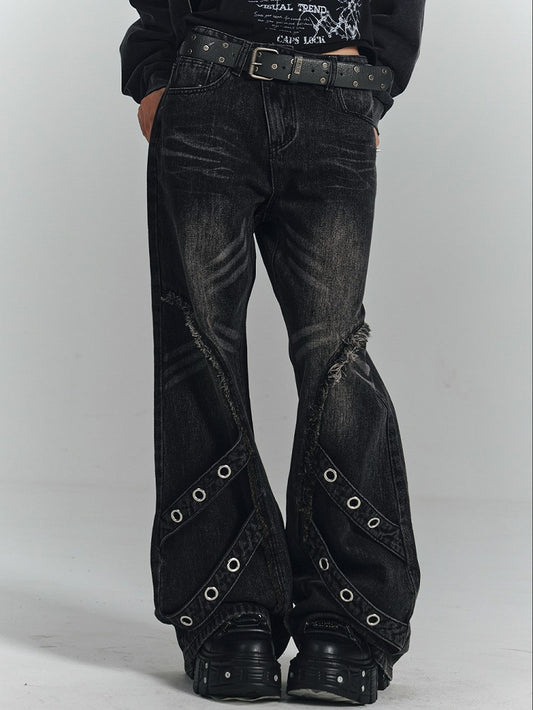 Punk Strips Denim Faded with Jeans Diagonal Raw Black Hem Wash Metal Eyelet