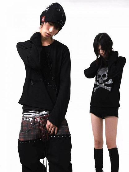 Silver Skull Rhinestone Top with Round Neck and Long Sleeves - DETW OnLine
