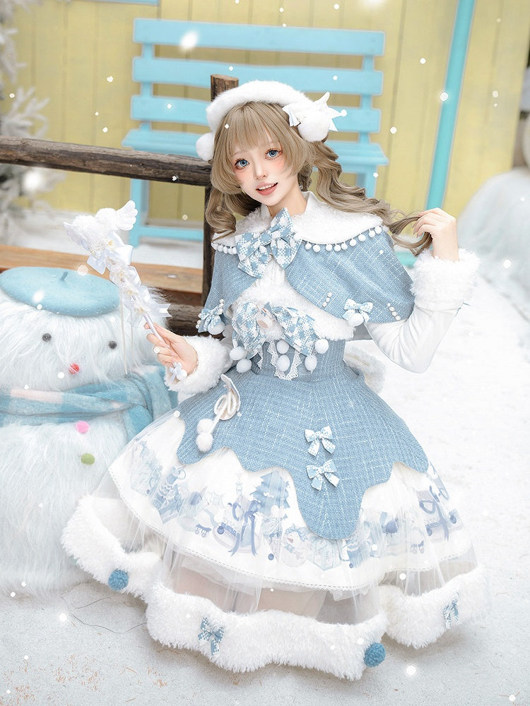 Print Winter Sweet Top Blue Lolita White Cape Snowman Set Knitted + - Tweed JSK