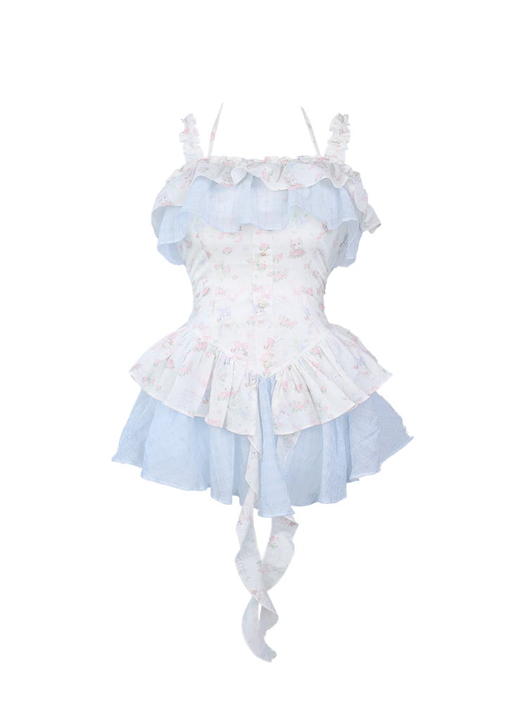 Ruffle Floral Cascading with Print Tiered Dress Accents Blue and White