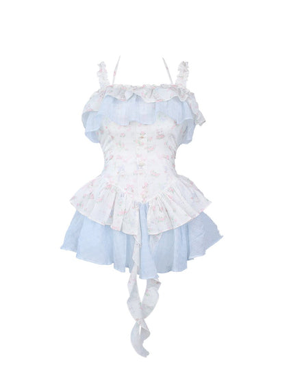 Ruffle Floral Cascading with Print Tiered Dress Accents Blue and White