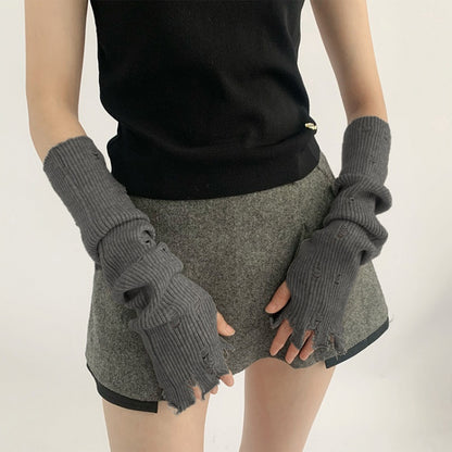 Distressed Holes Fingerless Knitted Long Gloves