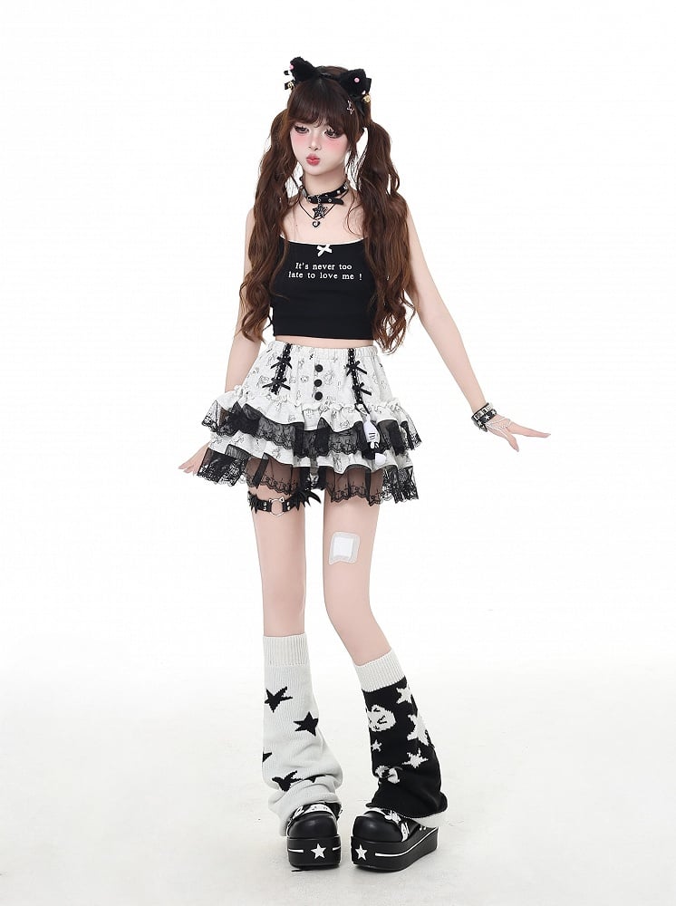 レースブラックトリムライトグレーキティプリントティアードスカート