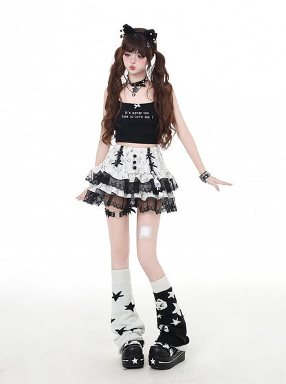 レースブラックトリムライトグレーキティプリントティアードスカート