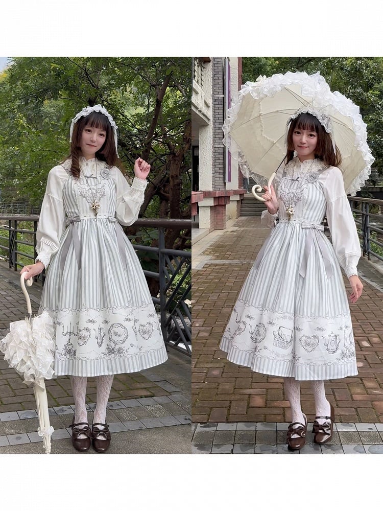 Antique Porcelain Print and Embroidery Classic Lolita JSK Dress with Blue and Gray Striped Pattern - Birds Diary