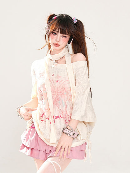 with Butterfly Print Distressed Holes Asymmetrical Apricot T-Shirt Neckline Free Scarf