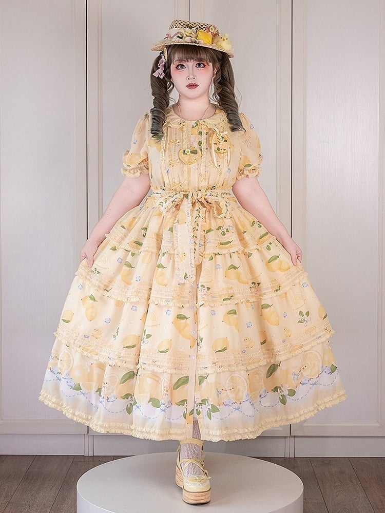Button Chick Placket Skirt and Lolita Sleeves Short Print Yellow Front Lemon Dress Tiered
