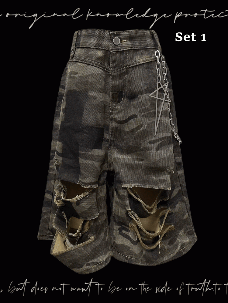 Punk Camouflage Distressed Holes Wasteland Wide-Leg Shorts