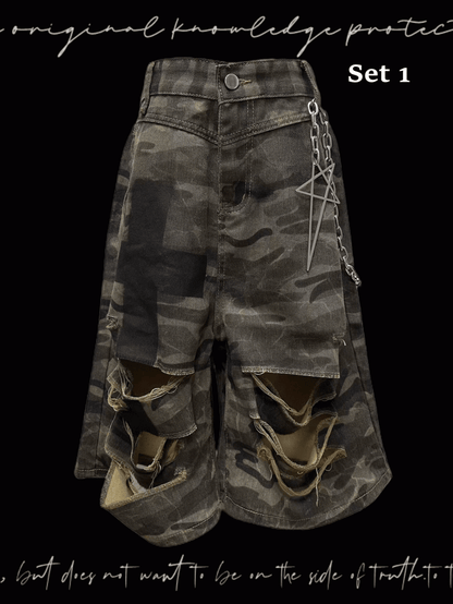 Punk Camouflage Distressed Holes Wasteland Wide-Leg Shorts