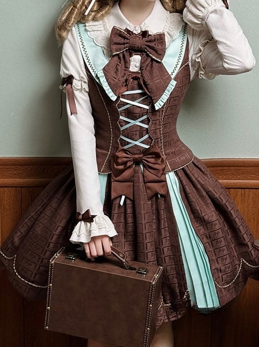 Scoop Scalloped Dress Chocolate Sweet Mint Hem with Lolita Neckline Edge Green