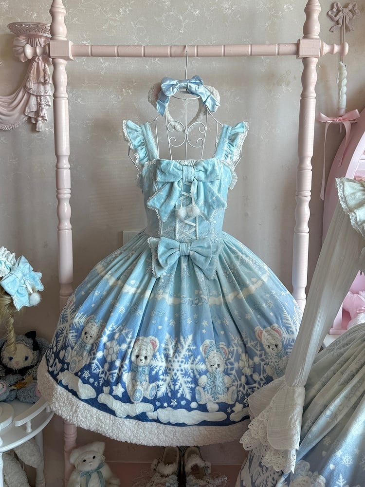 Winter Sweet Lolita Light Blue Jumper Skirt with Bear and Snowflake Print