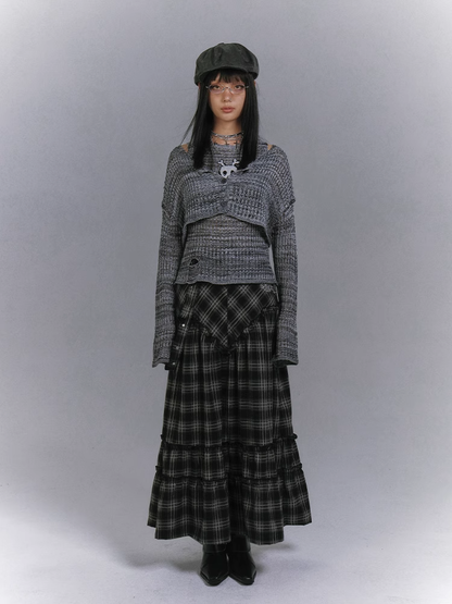 Set Y2K Gray Skeleton Distressed Tank Top with Cardigan Glamorous Holes Pattern