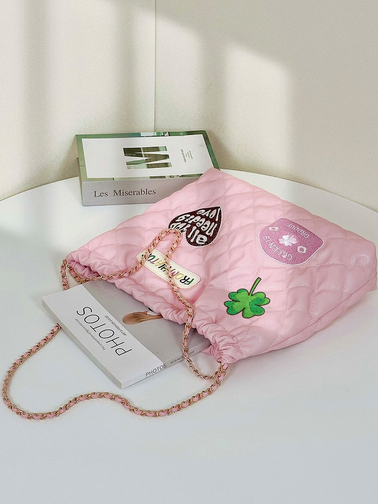 Sweet Pink Diamond Bag With Clover And Letter Embroidery Quilted Drawstring Shoulder