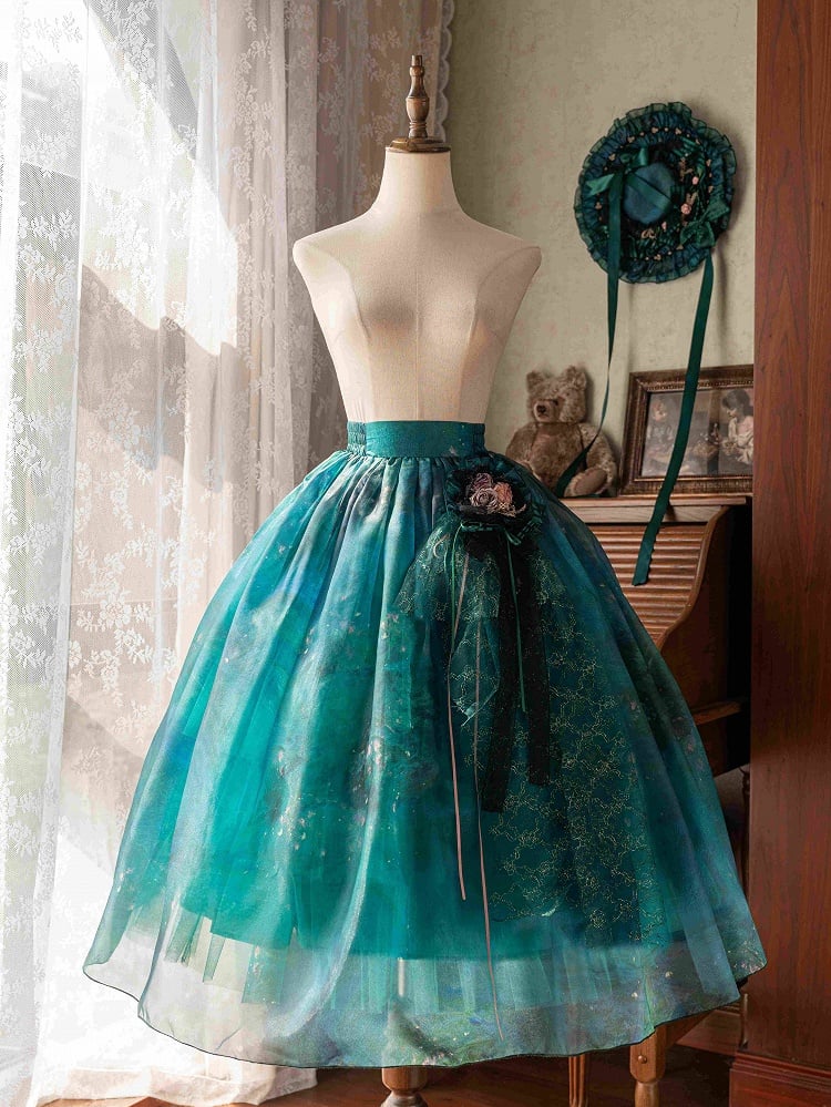 Grüner Tüllrock mit Waldfee-Lolita-Ölgemälde-Print und floraler Haarspange