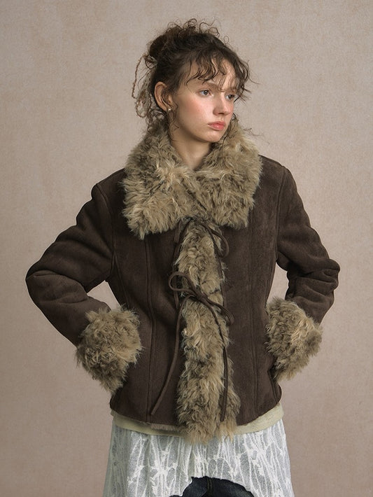 Lining Tie Details with Coat and Bow Faux Suede Brown Plush