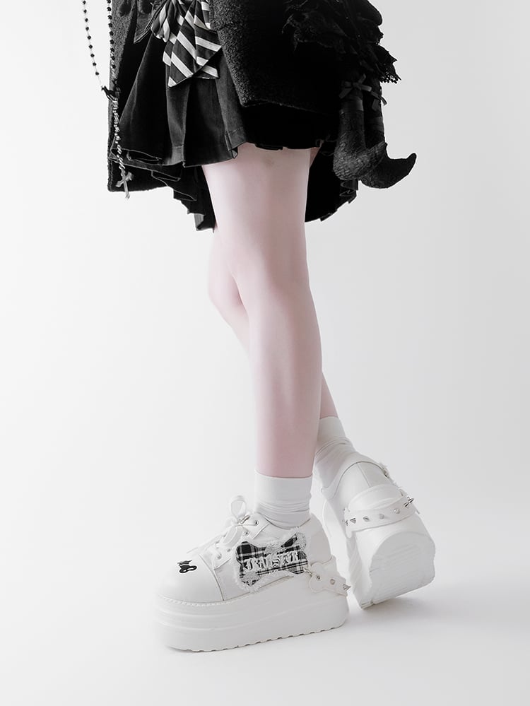 White Punk Bone Applique Silver-tone Studs Platform Shoes