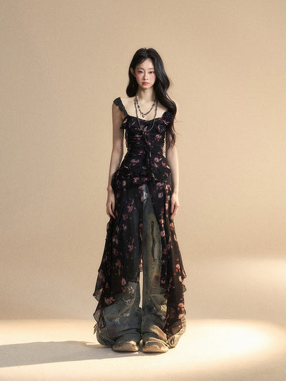 ブラック スウィートハートネックライン ノースリーブ トップス アシンメトリーヘム シフォン フローラル