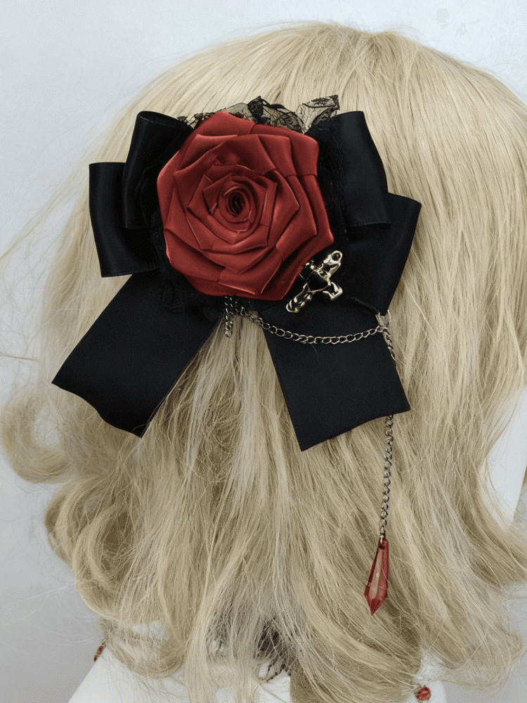 Gothic Rose Detachable With Bow Veil Wine Black Hairclip Red