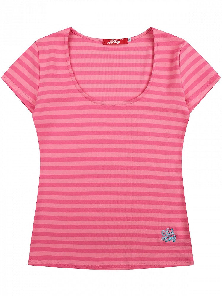 Embroidered U-Neck Short Sleeve Tee with Pink Stripes - Languid Park