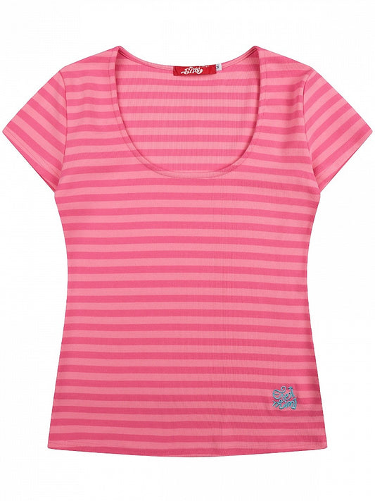Embroidered U-Neck Short Sleeve Tee with Pink Stripes - Languid Park