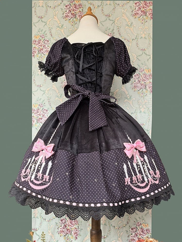 Dot Dress and Lolita with Sweet Print Polka Suede Black Chandelier Pink Bows