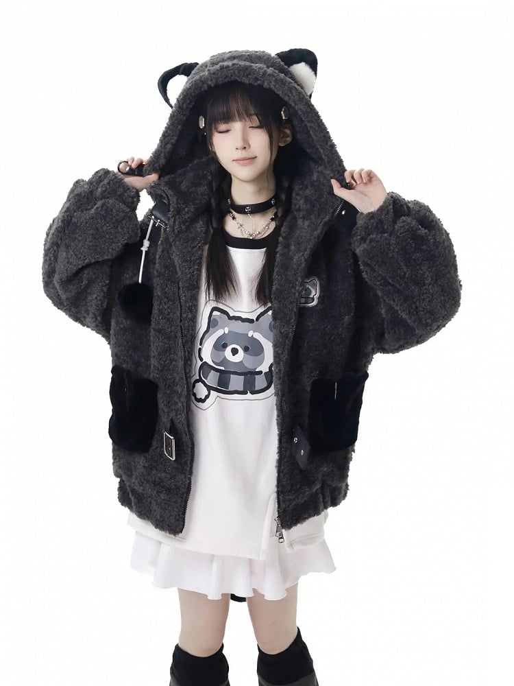 Raccoon-Inspired Ears Hooded Coat Tail Detachable Gray with Design Plush Cozy
