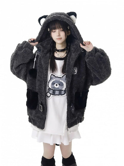 Raccoon-Inspired Ears Hooded Coat Tail Detachable Gray with Design Plush Cozy