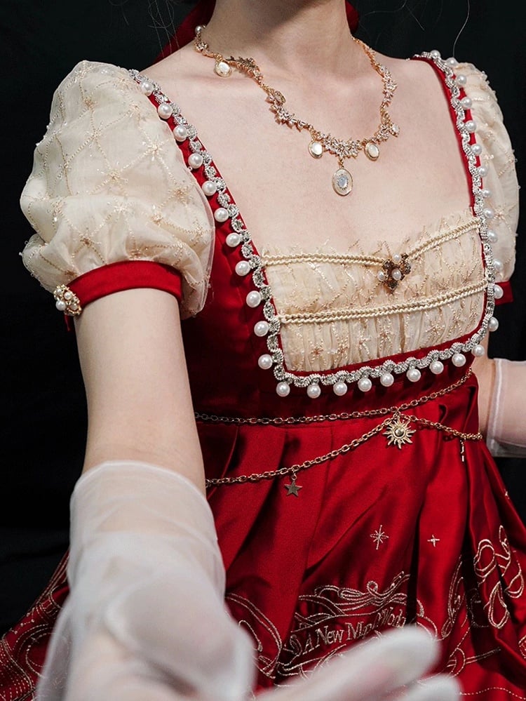 One Beige Elegant Lolita Piece Celestial Red and Classic Map Embroidery Empire Waist Wine Delicate Gold