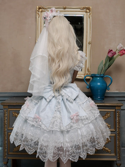 Blue Multi-Layer Lace Trim Lolita JSK with Bow and Bead Chain Decorations - White Sugar Girl