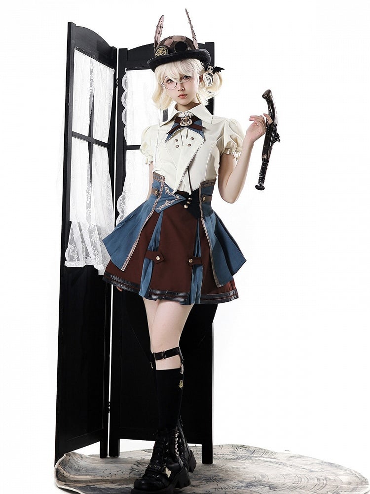 Ouji Style Three-Piece Set Short Sleeve Shirt Ruffle Skirt Tail Train Corset Belt - Xiong Dou Jiang