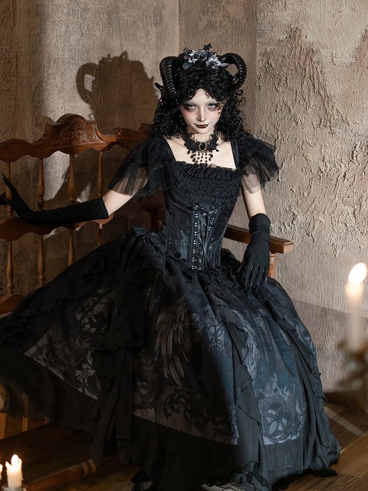 Gothic Lolita Winged Goat Print Ruffle Skirt